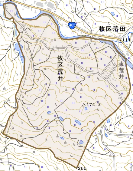 牧区荒井とその周辺の地図。町の範囲を重ねている
