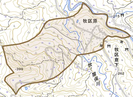 牧区原とその周辺の地図。町の範囲を重ねている