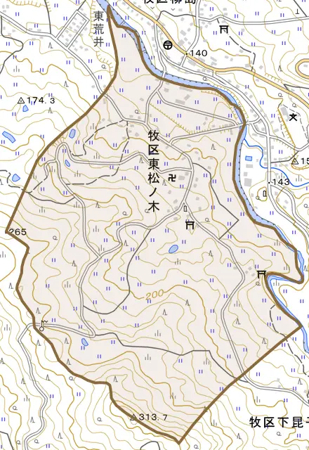 牧区東松ノ木とその周辺の地図。町の範囲を重ねている