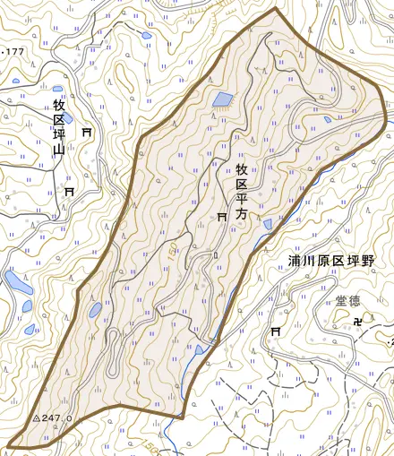 牧区平方とその周辺の地図。町の範囲を重ねている