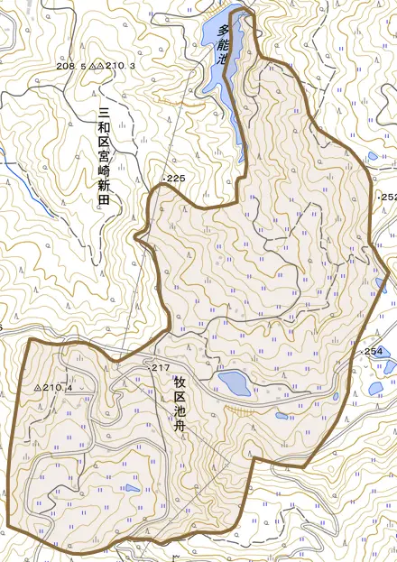 牧区池舟とその周辺の地図。町の範囲を重ねている