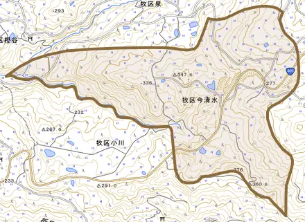 牧区今清水とその周辺の地図。町の範囲を重ねている