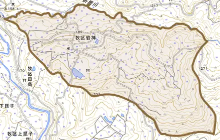 牧区岩神とその周辺の地図。町の範囲を重ねている