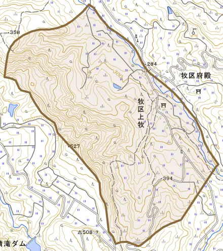 牧区上牧とその周辺の地図。町の範囲を重ねている