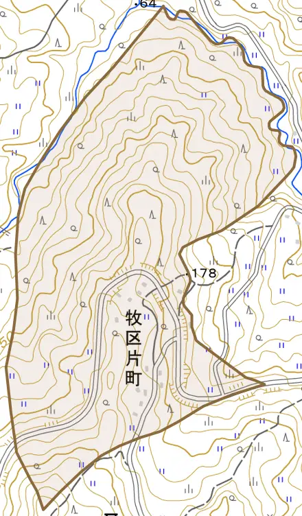 牧区片町とその周辺の地図。町の範囲を重ねている