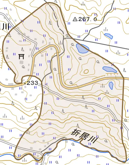 牧区国川とその周辺の地図。町の範囲を重ねている