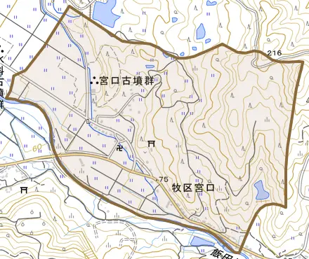 牧区宮口とその周辺の地図。町の範囲を重ねている