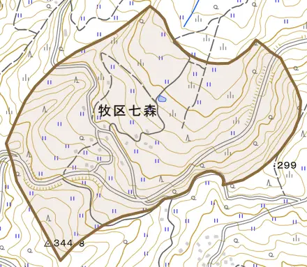 牧区七森とその周辺の地図。町の範囲を重ねている