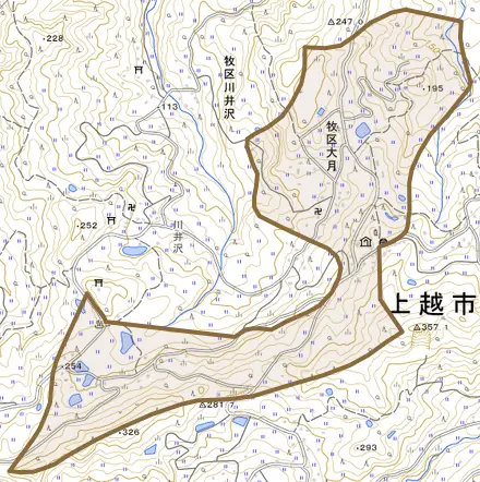 牧区大月とその周辺の地図。町の範囲を重ねている