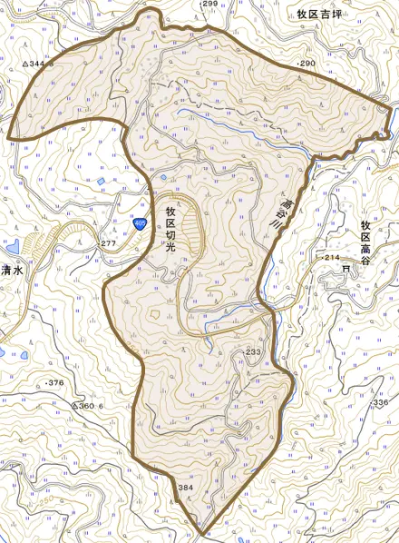 牧区切光とその周辺の地図。町の範囲を重ねている