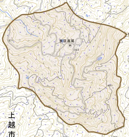 牧区高尾とその周辺の地図。町の範囲を重ねている