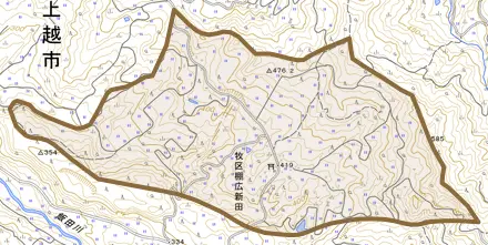 牧区棚広新田とその周辺の地図。町の範囲を重ねている