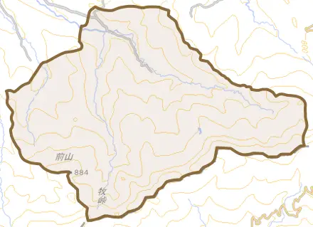 牧区宇津俣とその周辺の地図。町の範囲を重ねている