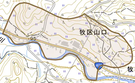 牧区山口とその周辺の地図。町の範囲を重ねている