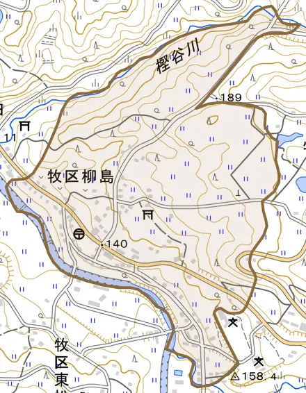 牧区柳島とその周辺の地図。町の範囲を重ねている