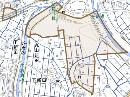 大字丸山新田とその周辺の地図。町の範囲を重ねている