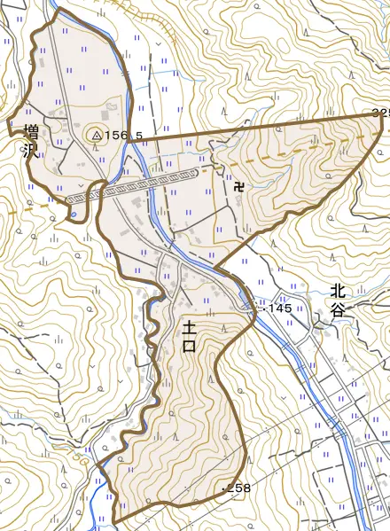 大字増沢とその周辺の地図。町の範囲を重ねている