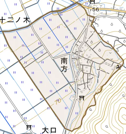 大字南方とその周辺の地図。町の範囲を重ねている