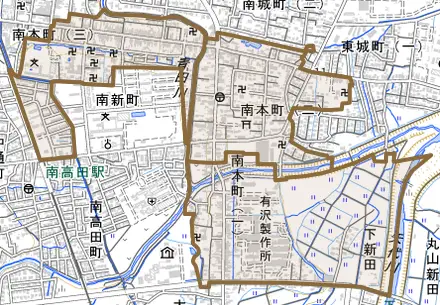 南本町とその周辺の地図。町の範囲を重ねている