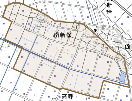 大字南新保とその周辺の地図。町の範囲を重ねている