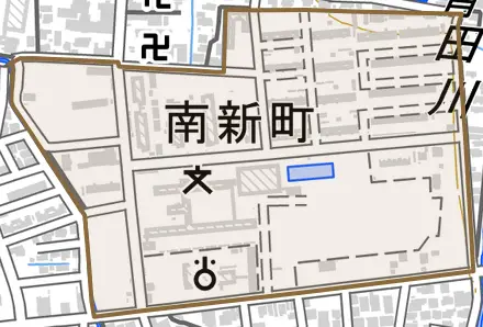 南新町とその周辺の地図。町の範囲を重ねている