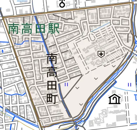 南高田町とその周辺の地図。町の範囲を重ねている
