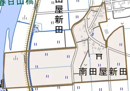 大字南田屋新田とその周辺の地図。町の範囲を重ねている