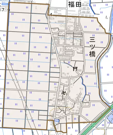 大字三ツ橋とその周辺の地図。町の範囲を重ねている