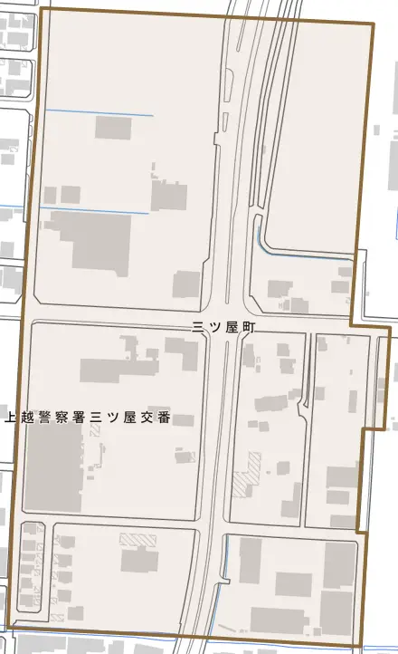 三ツ屋町とその周辺の地図。町の範囲を重ねている