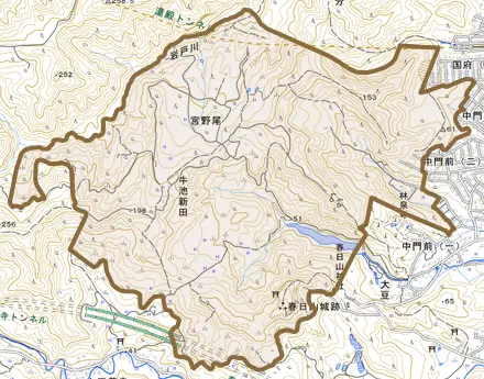 大字宮野尾とその周辺の地図。町の範囲を重ねている