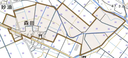 大字森田とその周辺の地図。町の範囲を重ねている