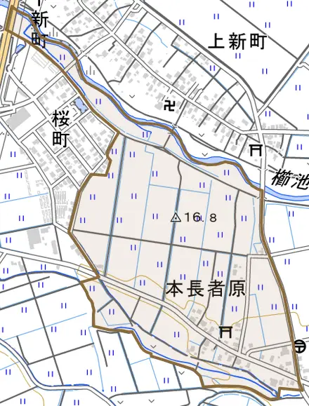 大字本長者原とその周辺の地図。町の範囲を重ねている