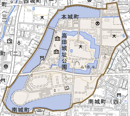 本城町とその周辺の地図。町の範囲を重ねている