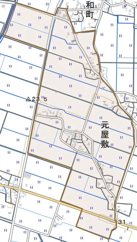大字元屋敷とその周辺の地図。町の範囲を重ねている
