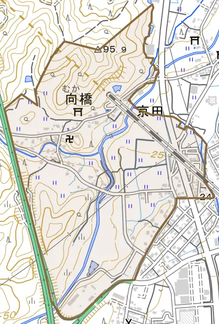 大字向橋とその周辺の地図。町の範囲を重ねている