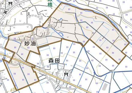 大字妙油とその周辺の地図。町の範囲を重ねている