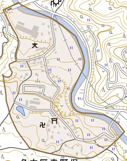 名立区赤野俣とその周辺の地図。町の範囲を重ねている