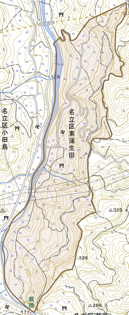 名立区東蒲生田とその周辺の地図。町の範囲を重ねている