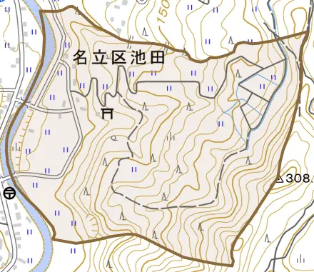 名立区池田とその周辺の地図。町の範囲を重ねている