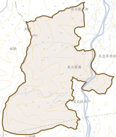 名立区森とその周辺の地図。町の範囲を重ねている