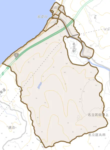 名立区名立大町とその周辺の地図。町の範囲を重ねている