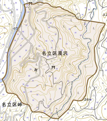 名立区濁沢とその周辺の地図。町の範囲を重ねている