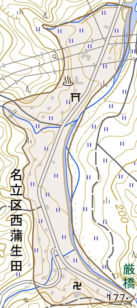 名立区西蒲生田とその周辺の地図。町の範囲を重ねている