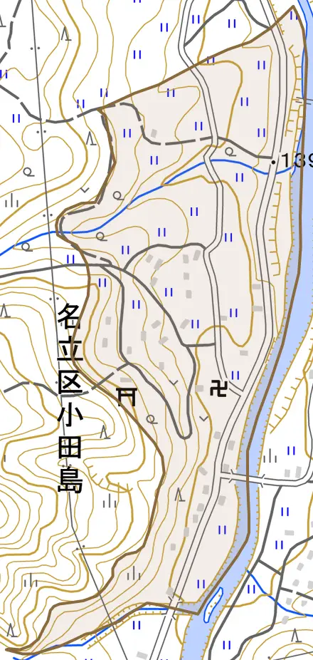 名立区小田島とその周辺の地図。町の範囲を重ねている