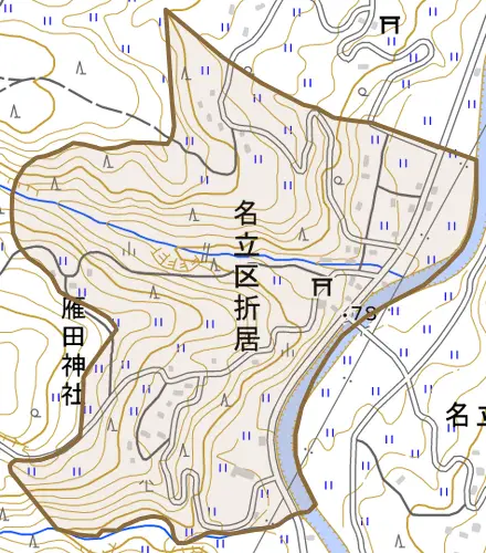 名立区折居とその周辺の地図。町の範囲を重ねている