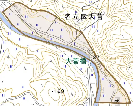 名立区大菅とその周辺の地図。町の範囲を重ねている