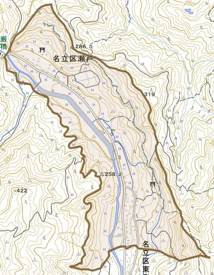 名立区瀬戸とその周辺の地図。町の範囲を重ねている