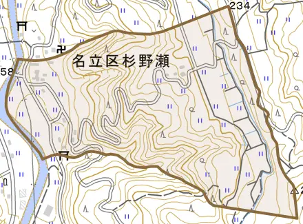 名立区杉野瀬とその周辺の地図。町の範囲を重ねている