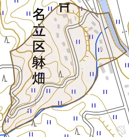 名立区躰畑とその周辺の地図。町の範囲を重ねている