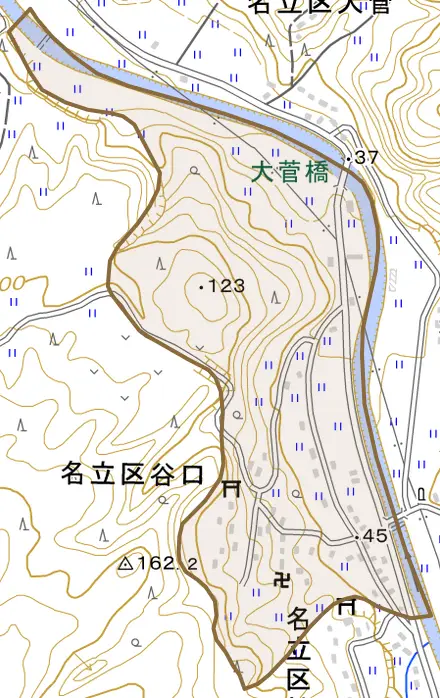 名立区谷口とその周辺の地図。町の範囲を重ねている